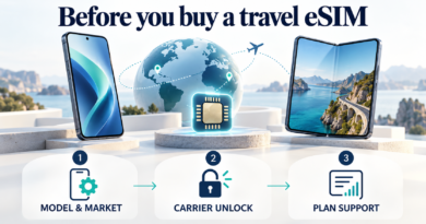 Three checks before buying a travel eSIM: match the phone model and market, check carrier unlock, and confirm plan support.