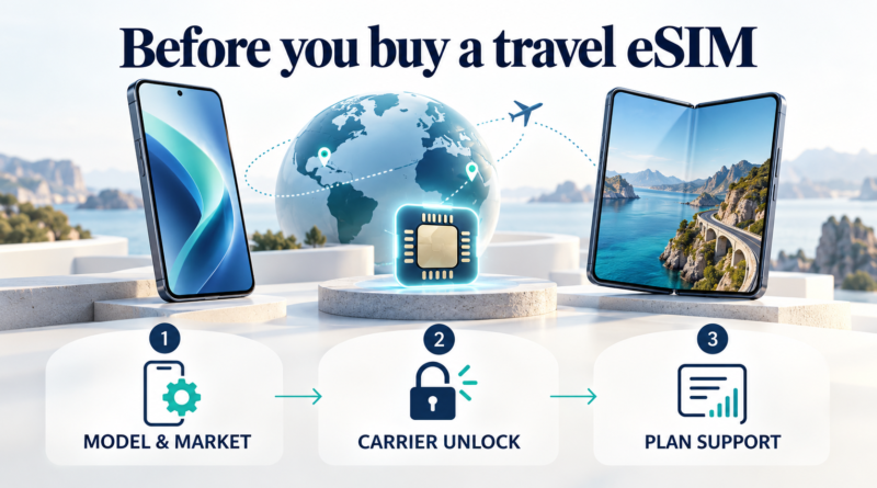 Three checks before buying a travel eSIM: model and market, carrier unlock, and plan support.