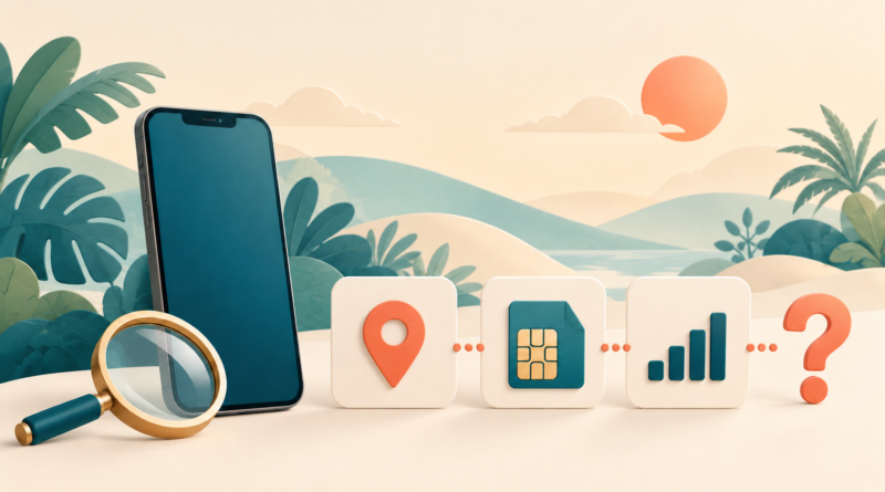 Illustrated phone and checks for location, SIM and signal, with a magnifying glass.
