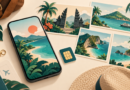 Illustrated phone and stylised Indonesian island scenes, with no coverage map.