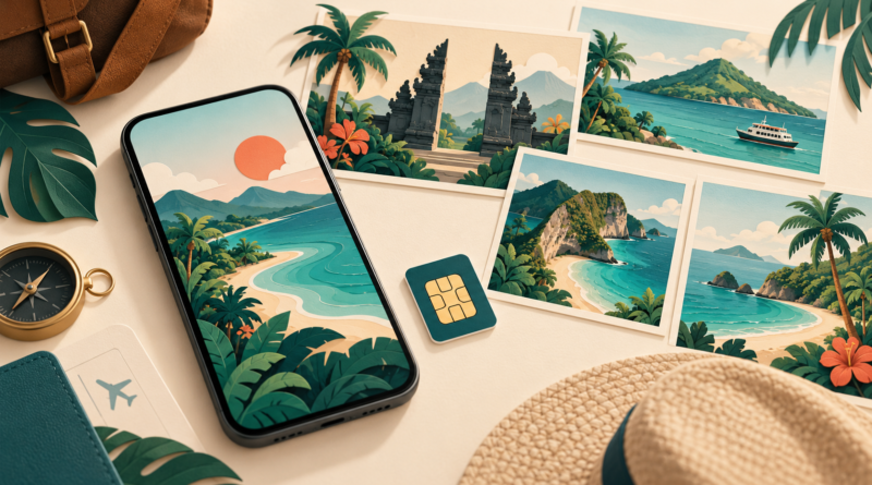 Illustrated phone and stylised Indonesian island scenes, with no coverage map.
