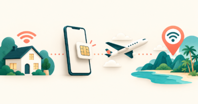 Illustrated sequence from home Wi-Fi and eSIM setup to connecting at a travel destination.