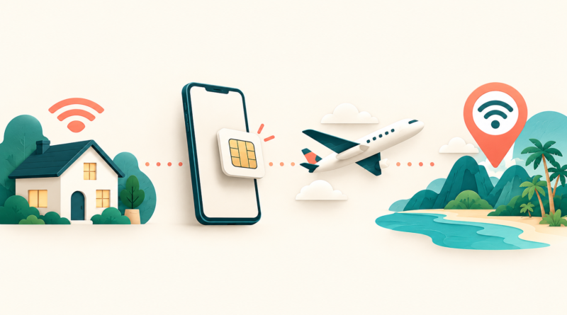 Illustrated sequence from home Wi-Fi and eSIM setup to connecting at a travel destination.