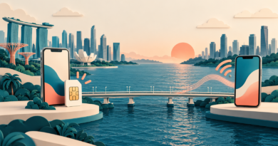 Stylised phones beside a bridge and city skylines, representing a weekend connectivity choice.