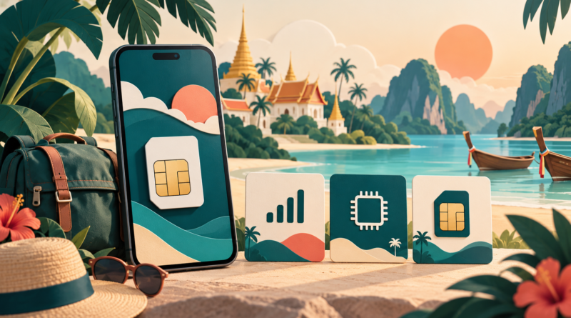 Illustrated phone and connectivity choices against a stylised Thailand travel scene.